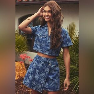 Blue Floral Denim Crop Top and Skirt Set